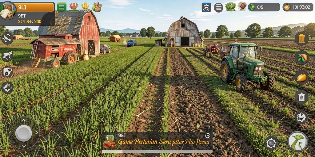 Screenshot gameplay 9ET menampilkan ladang yang subur dan hewan ternak.
