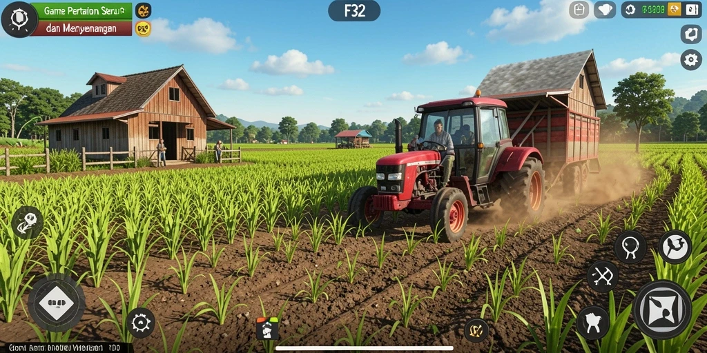 Screenshot game F32 menampilkan aktivitas bercocok tanam yang interaktif.
